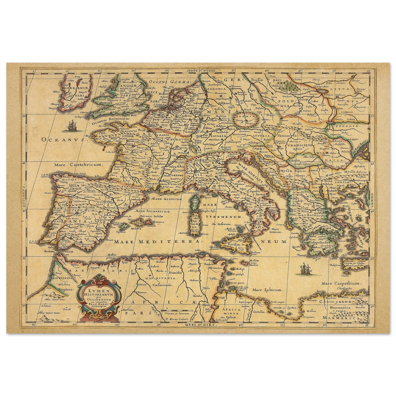 Ancient Europe map print from 1650. Lumen Historiarum per Occidentem by Petrus Kaerius
