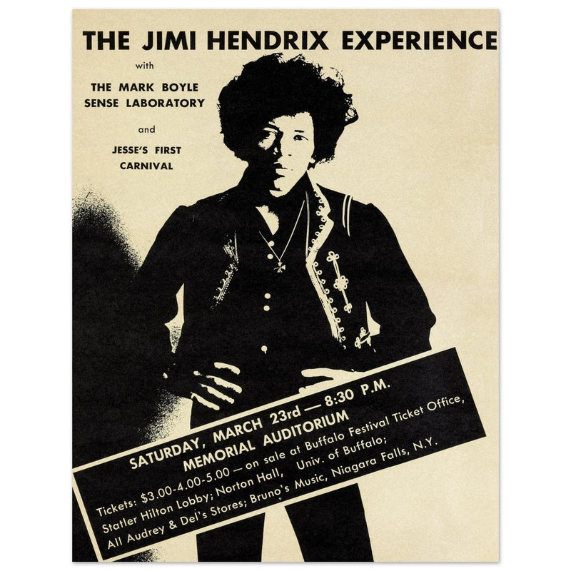 Jimi Hendrix experience music poster. Performance in the Memorial Auditorium Buffalo New York.