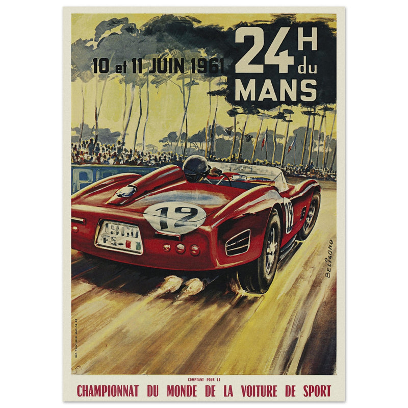 Michel beligond 24 hours Le Mans race 1961 vintage poster . Ferrari classic racing car.