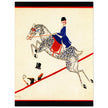 Aline Farrelly illustration for vintage fashion magazine cover woman on horse jumps over fence.