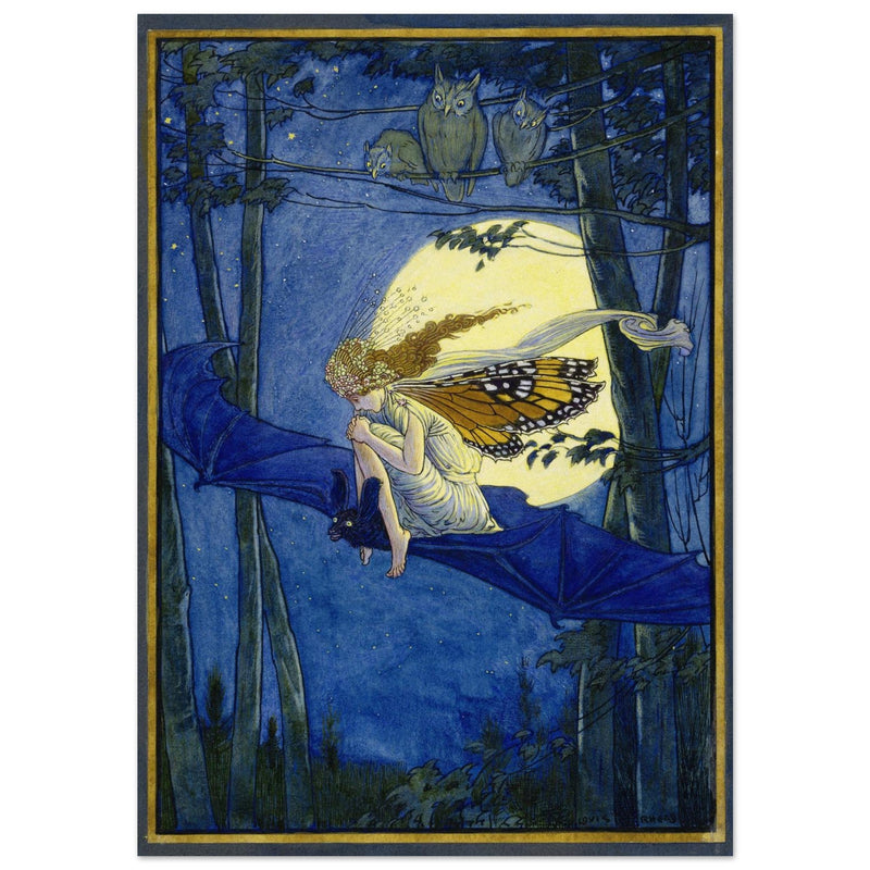 Ariel on a bat's back illustration by Louis Rhead
