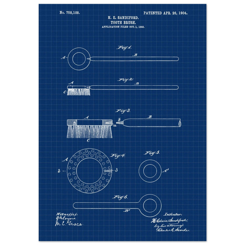 Toothbrush patent illustration by H E Sandiford.