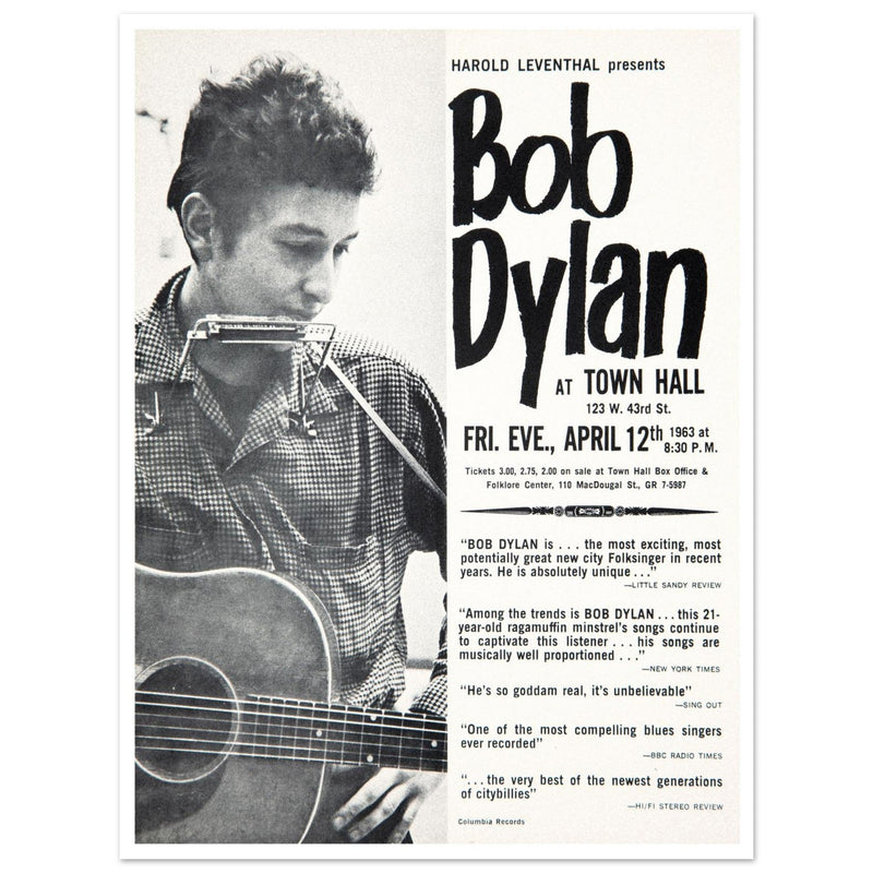 Bob Dylan concert poster Town Hall in New York City in 1963 performance.