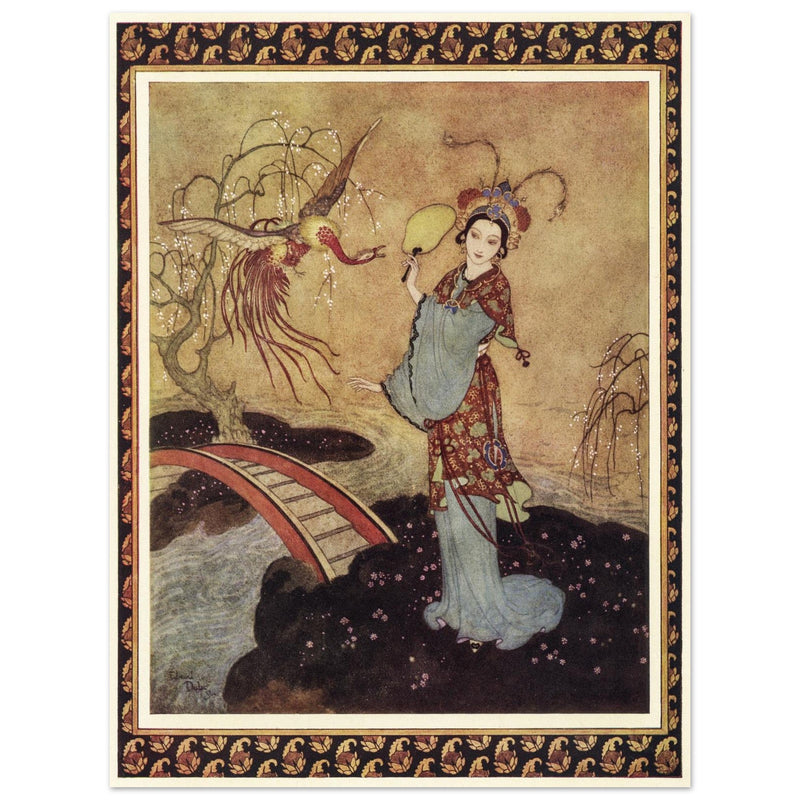 Edmund Dulac and one of his illustration for Princess Badura fairy tale.