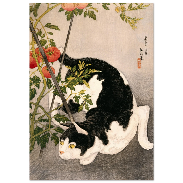 Black Cat and Tomato Plant vintage poster reproduction by Takahashi Hiroaki 1931