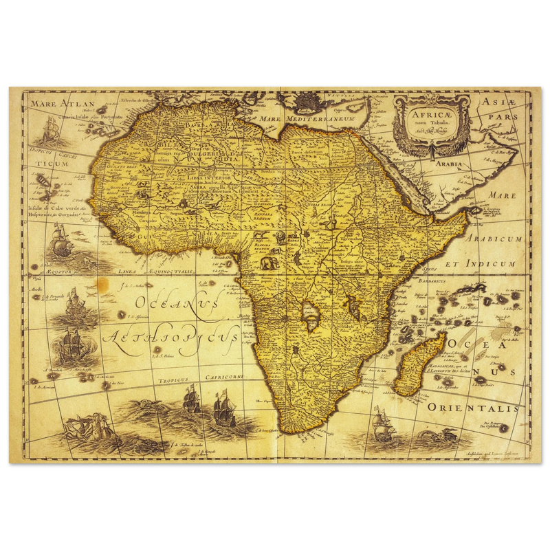 Africa ancient vintage map print reproduction. African continent cartography of 1680 by Hendrik Hondius