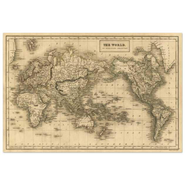 Old vintage world map on Mercator's Projection by George Aikman