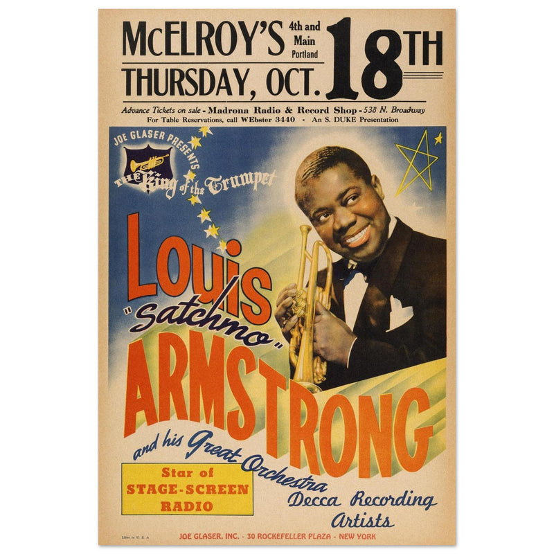Louis Armstrong vintage concert poster . Performance in Portland 1945.