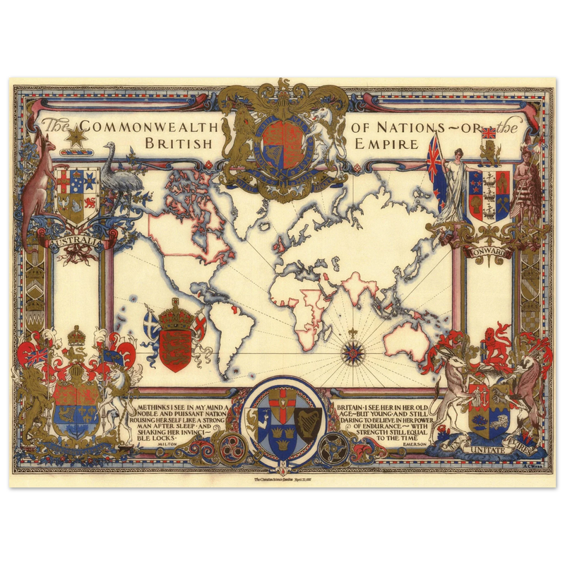 The Commonwealth of Nations or British Empire old poster. Antique vintage print reproduction of 1937