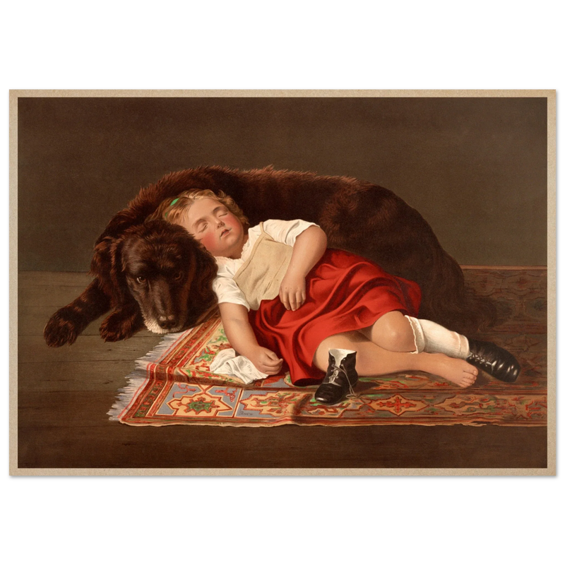 Young girl sleeping with her dog vintage poster reproduction 1871