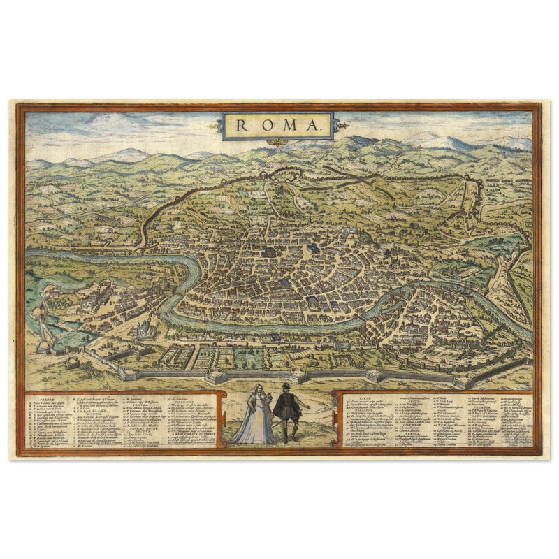 Ancient map of Rome with engravings by Georg Braun and Frans Hogenberg.