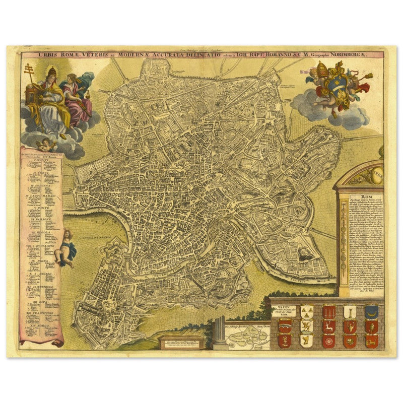 Antique city map of Rome in Italy XVIII Century by Johan Baptiste Homann.