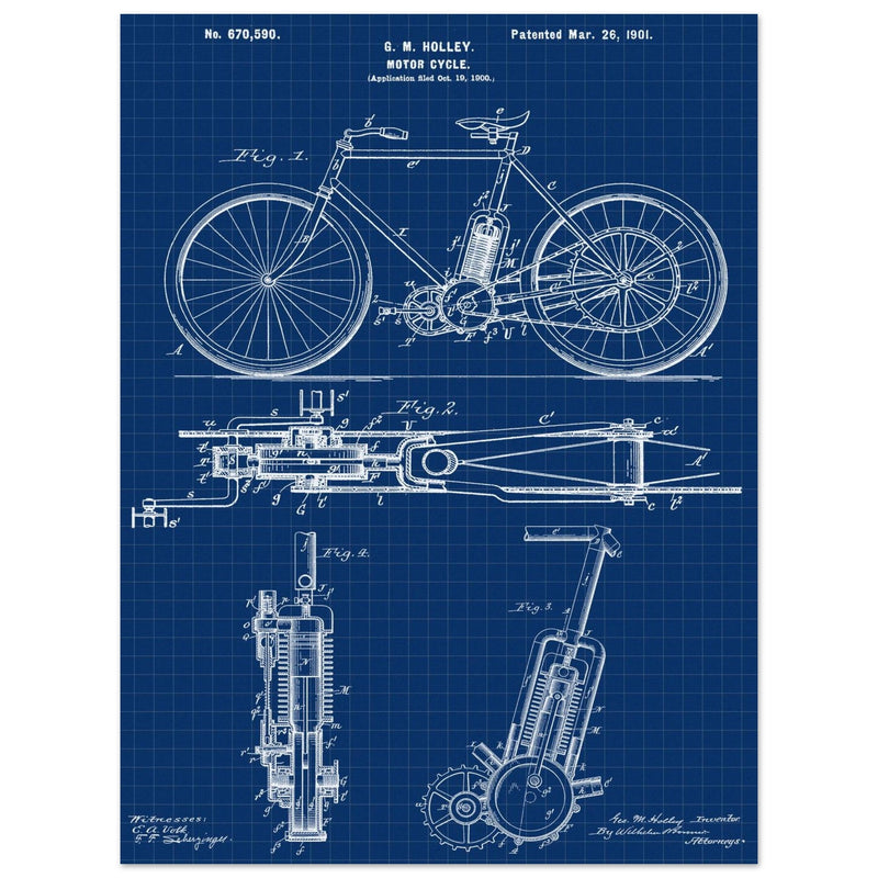vintage motorcycle patent by G. M Holley.