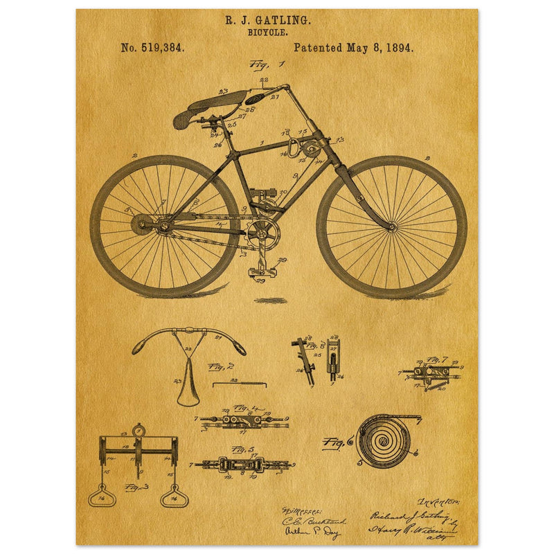 Vintage bicycle patent by Richard J Gatling 1894