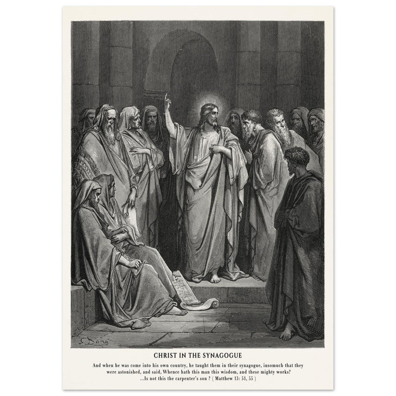Gustave Dore The Bible engraving print . Christ in the synagogue illustration .