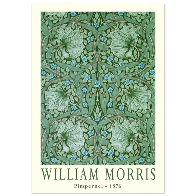 William Morris Pimpernel 1876. Green leaves and flowers wintage wallpaper art print.