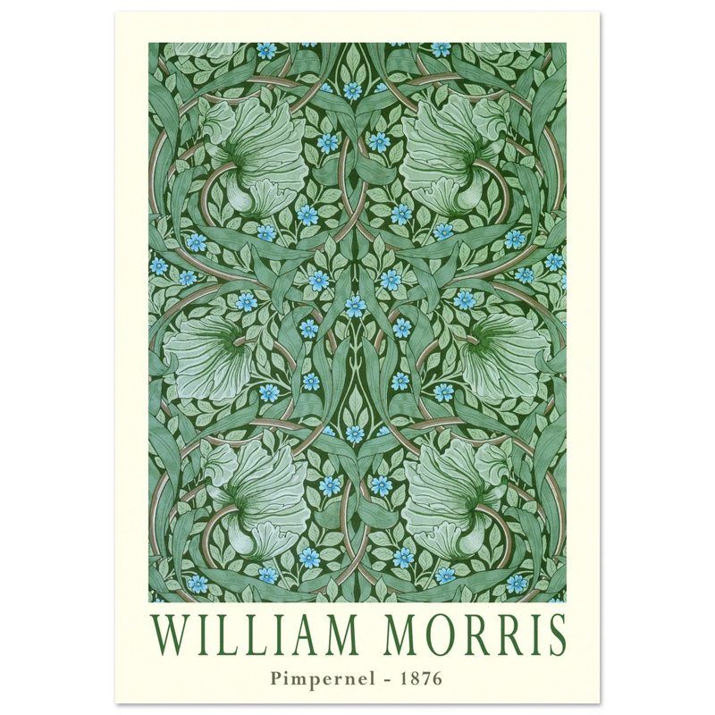 William Morris Pimpernel 1876. Green leaves and flowers wintage wallpaper art print.