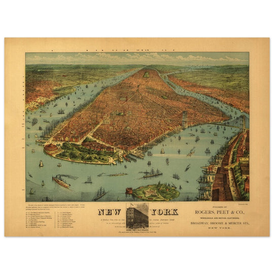 New York City aerial view vintage antique print. Old  with the bird's eye view of Manhattan.