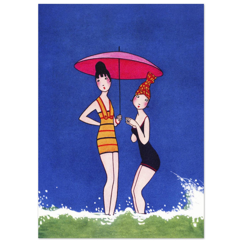 Anne Harriet Fish illustration for a cover magazine. Two women in bathing suit at the beach.