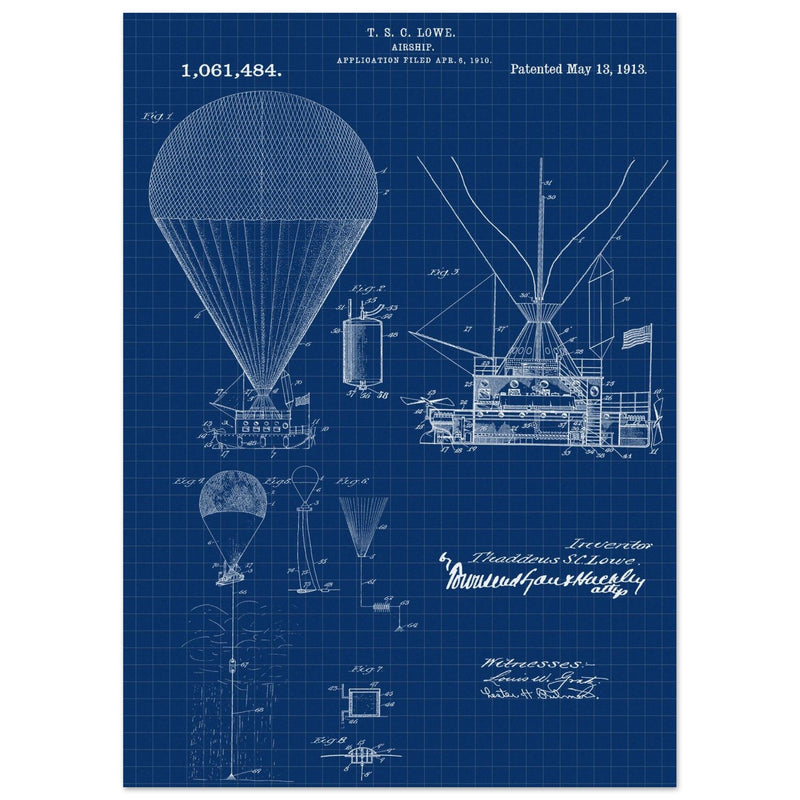 Airship patent illustration by T S C Lowe. Air Balloon