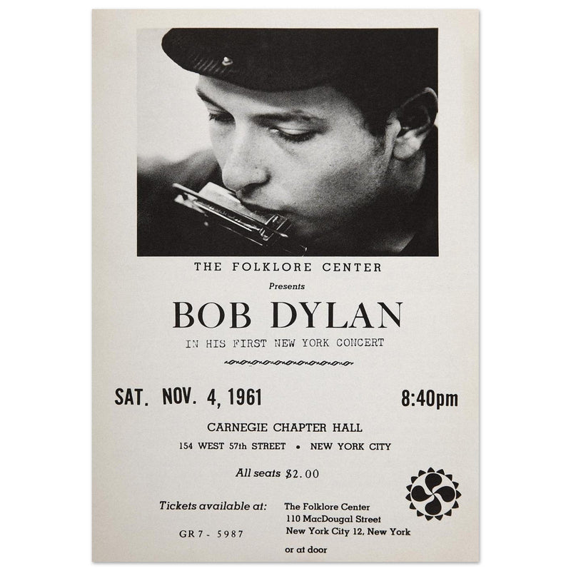 Bob Dylan concert poster in Carnegie Chapter Hall 1961.