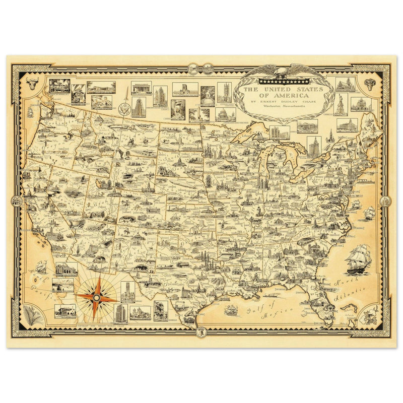 United States of America vintage map by Ernest Dudley Chase celebrating landmarks and national symbols of identity.