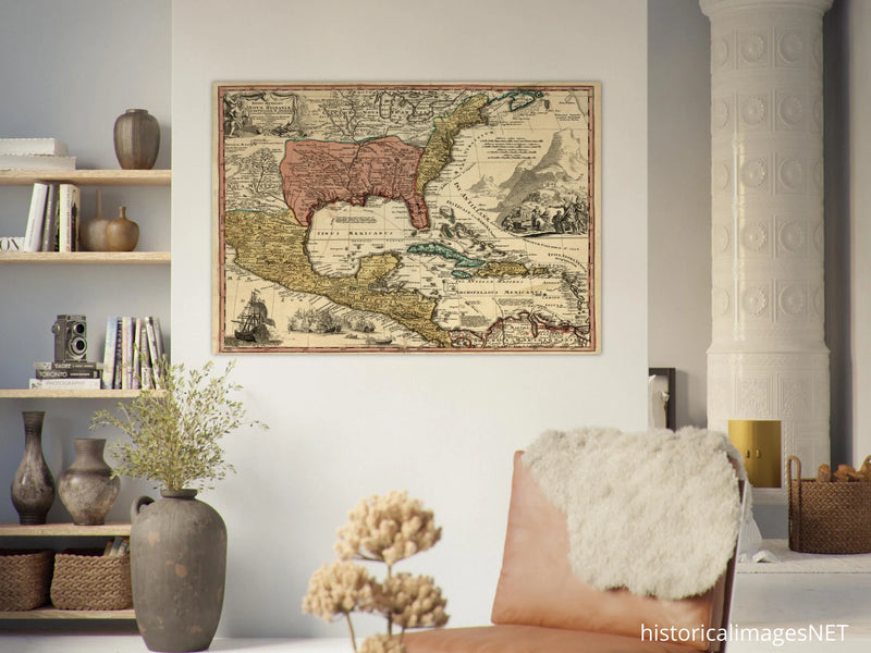 Ancient map of North America. Regni Mexicani seu Novae Hispaniae, Ludovicianae, N. Angliae, Carolinae, Virginae et Pennsylvaniae by Johann Baptist Homann