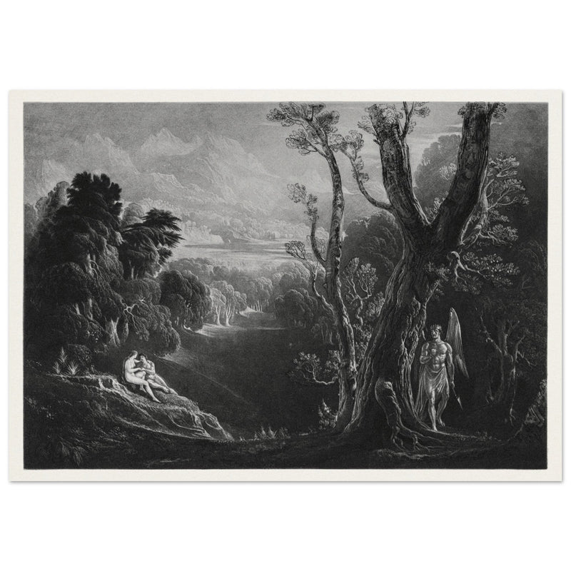 John Martin mezzotint engraving . Satan Contemplating Adam and Eve in Paradise. Paradise Lost by Milton.