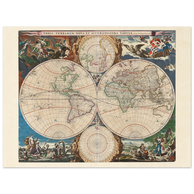 Old world map Orbis Terrarum Nova et Accuratissima Tabula poster by Nicolaes Visscher.