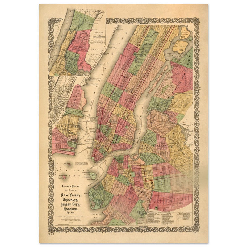 1886 New York City vintage map by G. W & C.B Colton. Antique maps