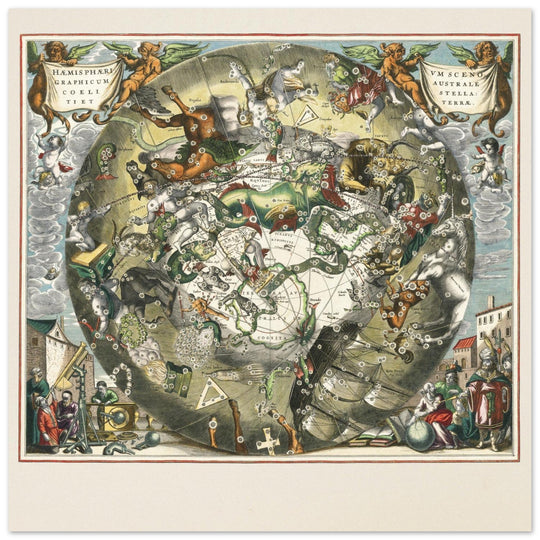 Southern celestial hemisphere with star constellations by Andreas Cellarius.