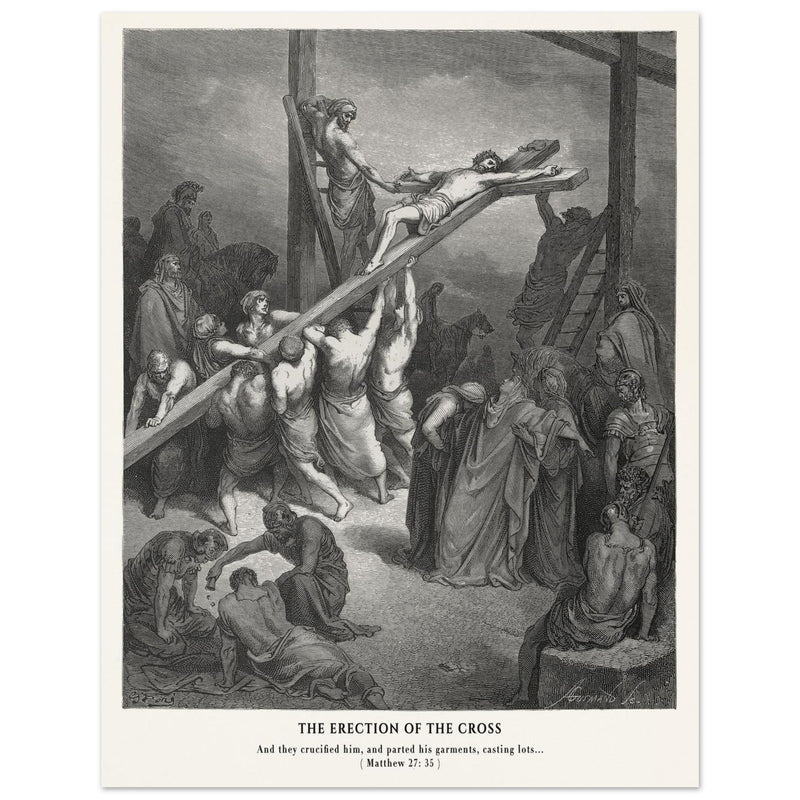 Gustave Dore The Bible engraving print . The Crucifixion  illustration .The erection of the cross.
