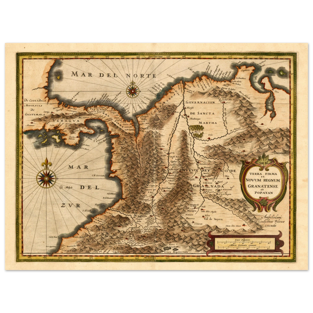 Ancient map print of Central America and the northwestern part of South America 1631.