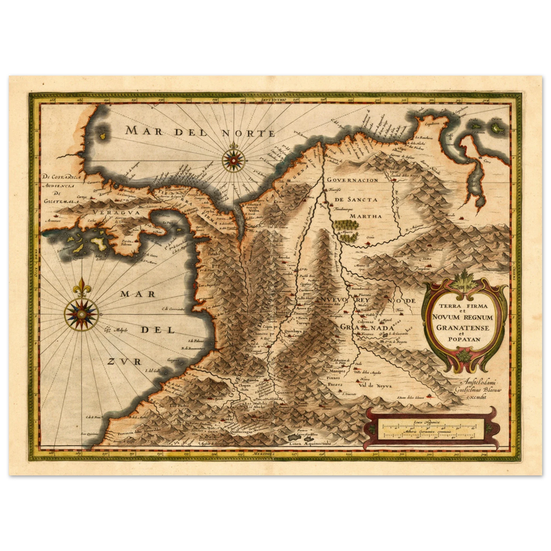 Ancient map print of Central America and the northwestern part of South America 1631.