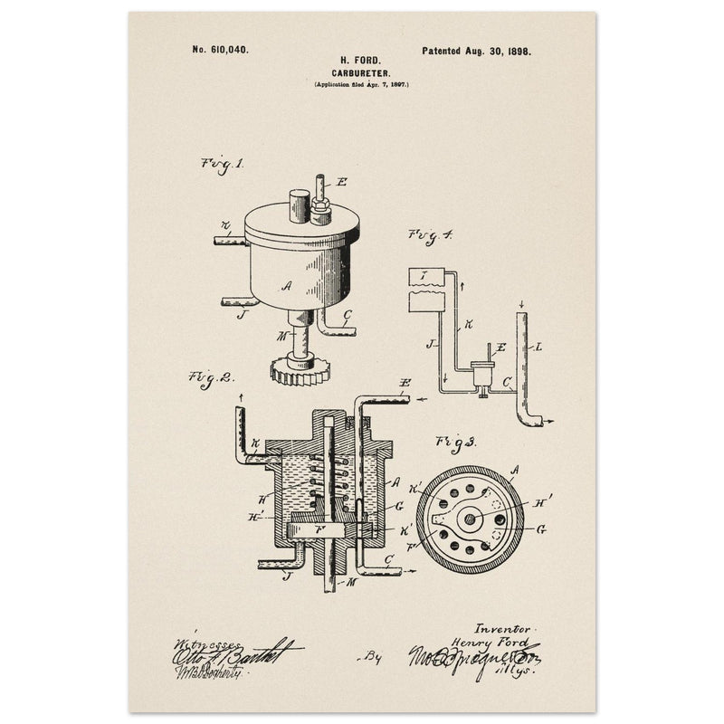 Carbureter vintage patent illustration by John Ford.