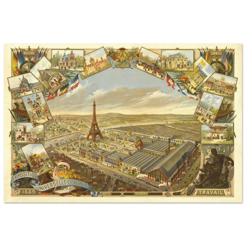 Exposition Universelle de Paris 1889. Eiffel Tower and Paris city view.