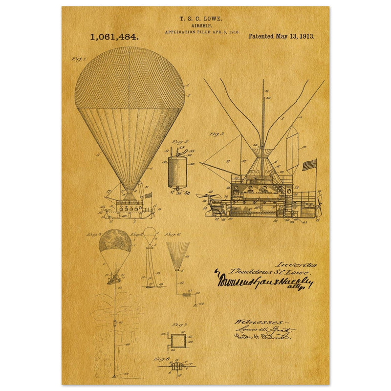 Airship patent illustration by T S C Lowe. Air Balloon