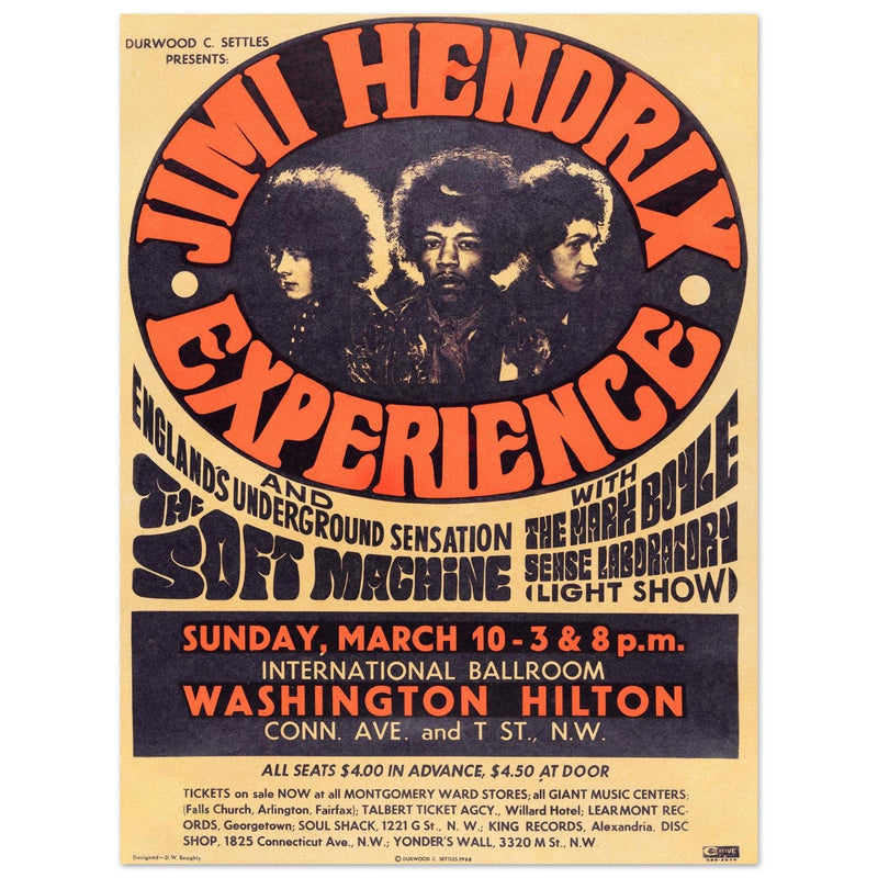 Jimi Hendrix experience vintage music poster . Washington Hilton performance in 1968.