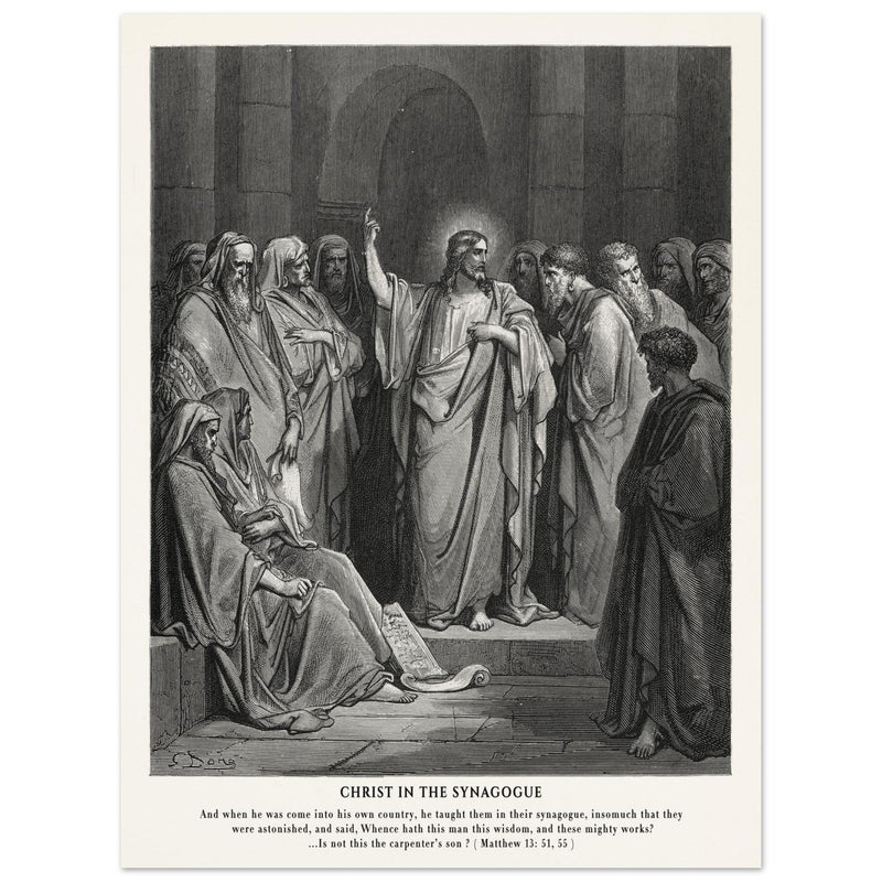 Gustave Dore The Bible engraving print . Christ in the synagogue illustration .