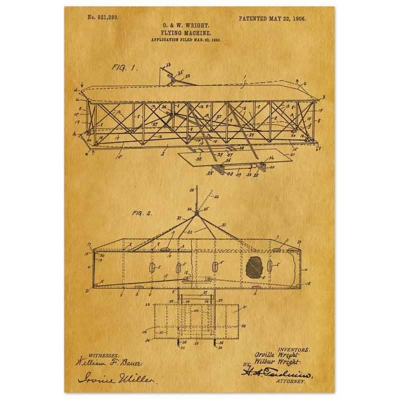 Flying machine patent 1906 by the Wright brothers. Vintage airplane.