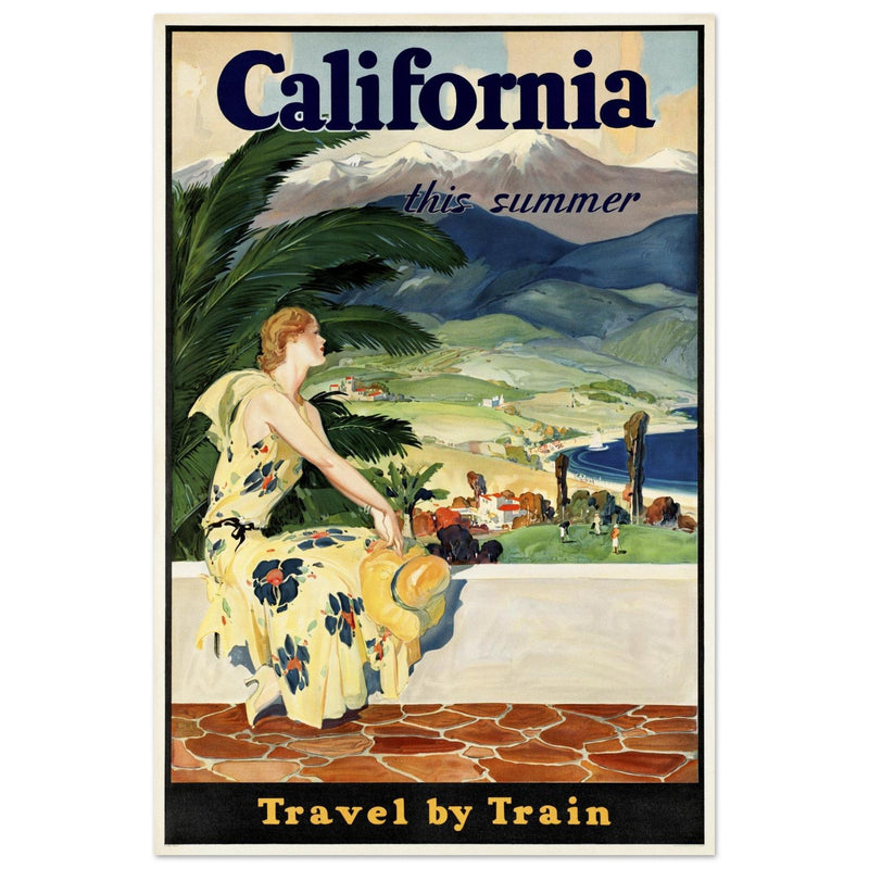 California this summer Travel by Train vintage poster. Travel advertising print.