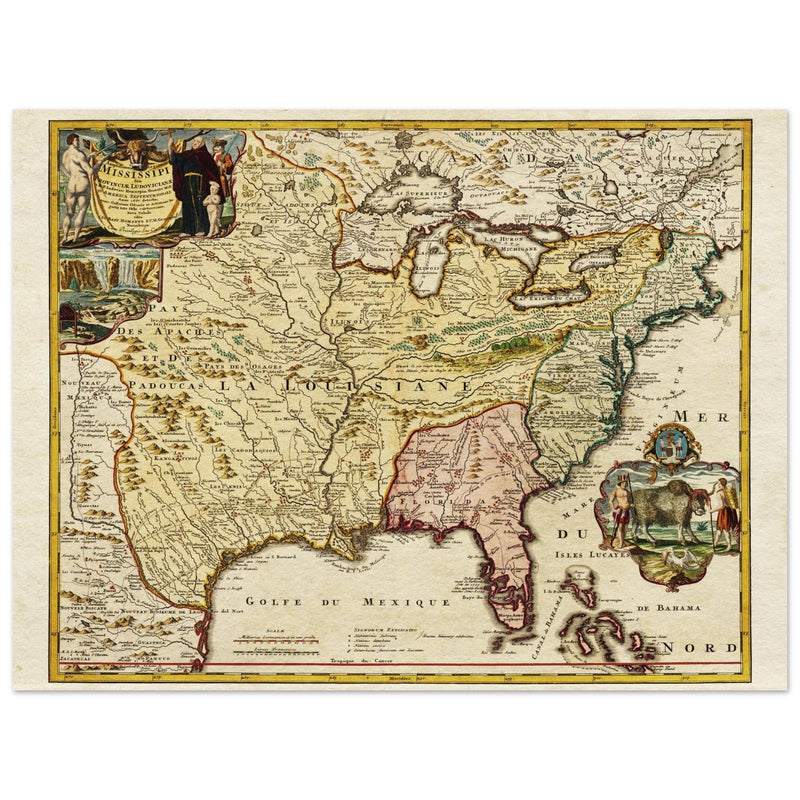 Ancient map of the United Stated Louisiana french region in 1687 by Johan Baptist Homann
