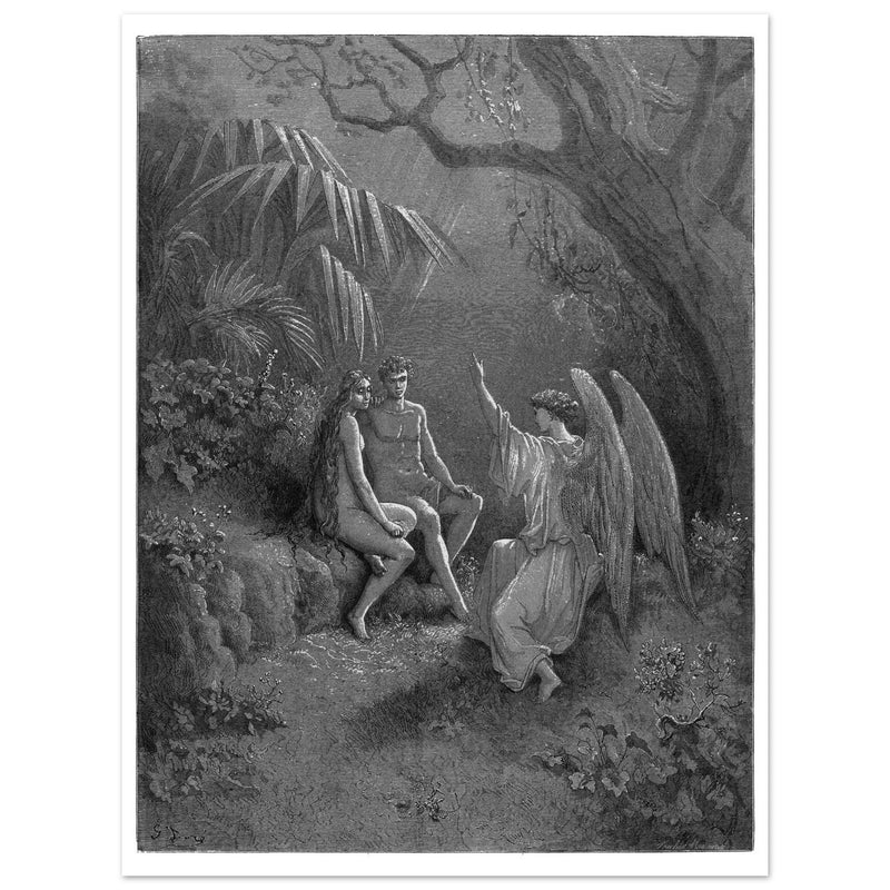 Gustave Dore Paradise Lost engraving . Archangel Rapahel with Adam and Eve in Eden.