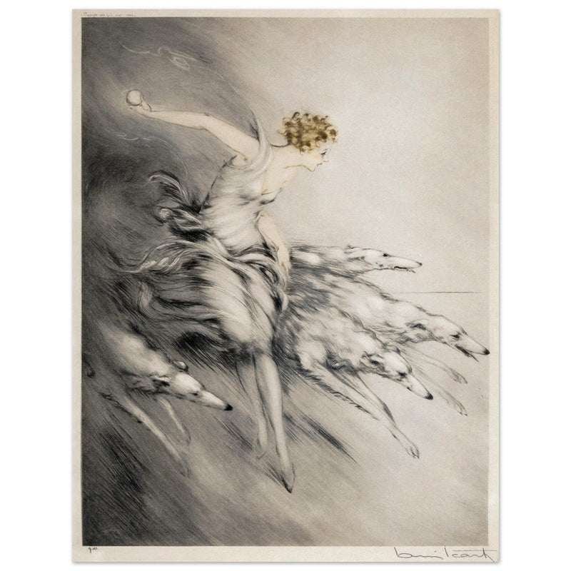 Louis Icart L' Elan 1928 Young woman with greyhound dogs Art Deco style.