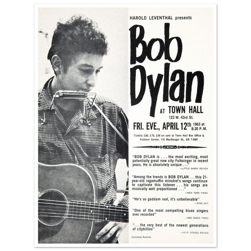 Bob Dylan concert poster Town Hall in New York City in 1963 performance.