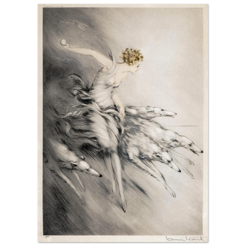 Louis Icart L' Elan 1928 Young woman with greyhound dogs Art Deco style.