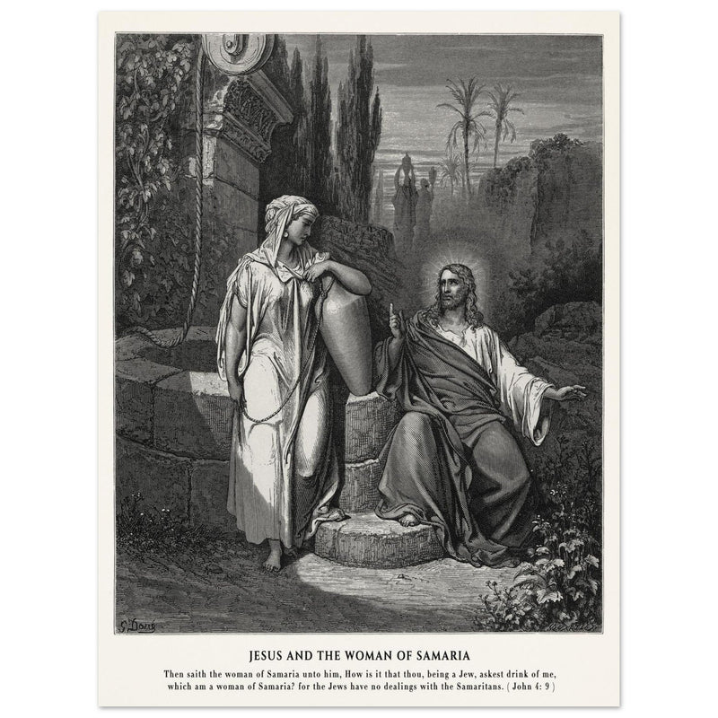 Gustave Dore The Bible engraving print . Jesus and the woman of Samaria illustration .