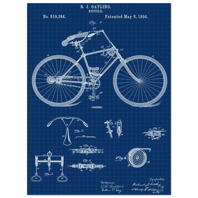 Vintage bicycle patent by Richard J Gatling 1894