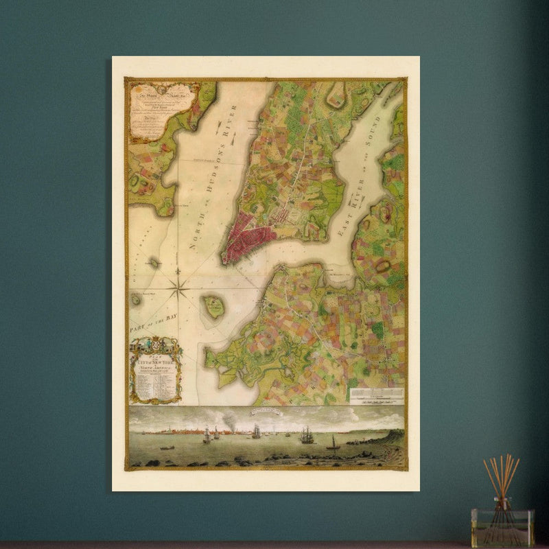 Beautiful antique old map from above of New York City 1770 by Bernad Ratzer