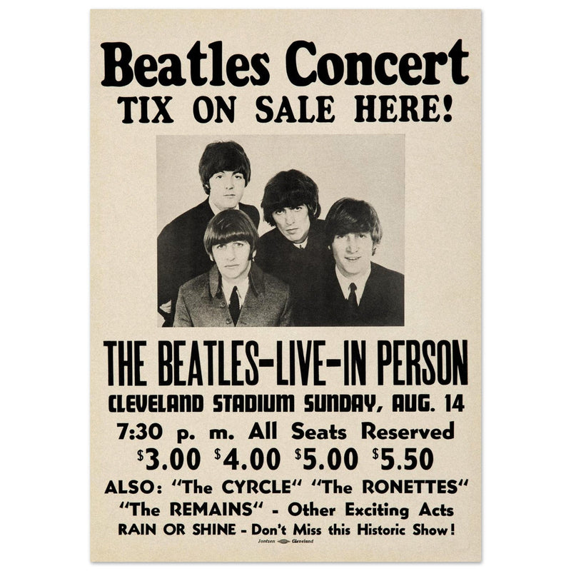 The Beatles music poster. Performance in Cleveland Ohio stadium in 1966.